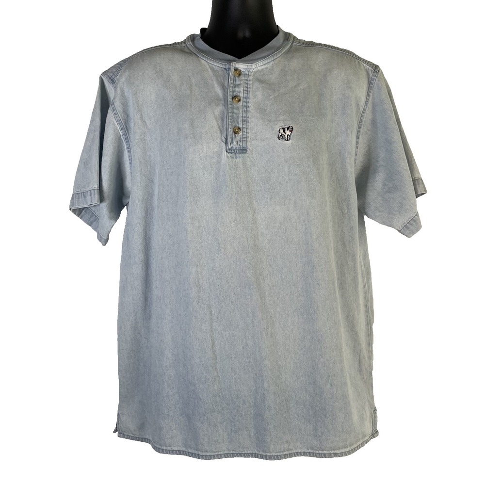 Vtg Big Dogs Weathered Blue Denim Shirt Men's Size Lg Blade Collar Short Sleeve